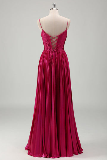 Fuksja A Line Spaghetti Ramiączka Gorset Plisowana Sukienka Na Studniówkę Z Koronką Z Tyłu